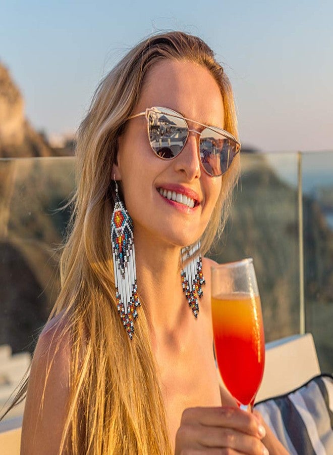 Coeufuedy White Beaded Earrings for Women Seed Bead Earrings Bohemian Statement Drop Fringe Earring for Girls(White) - Image 5